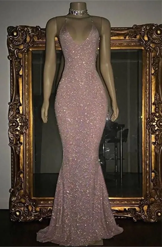 2024 Pink Halter Sequins Prom Dresses