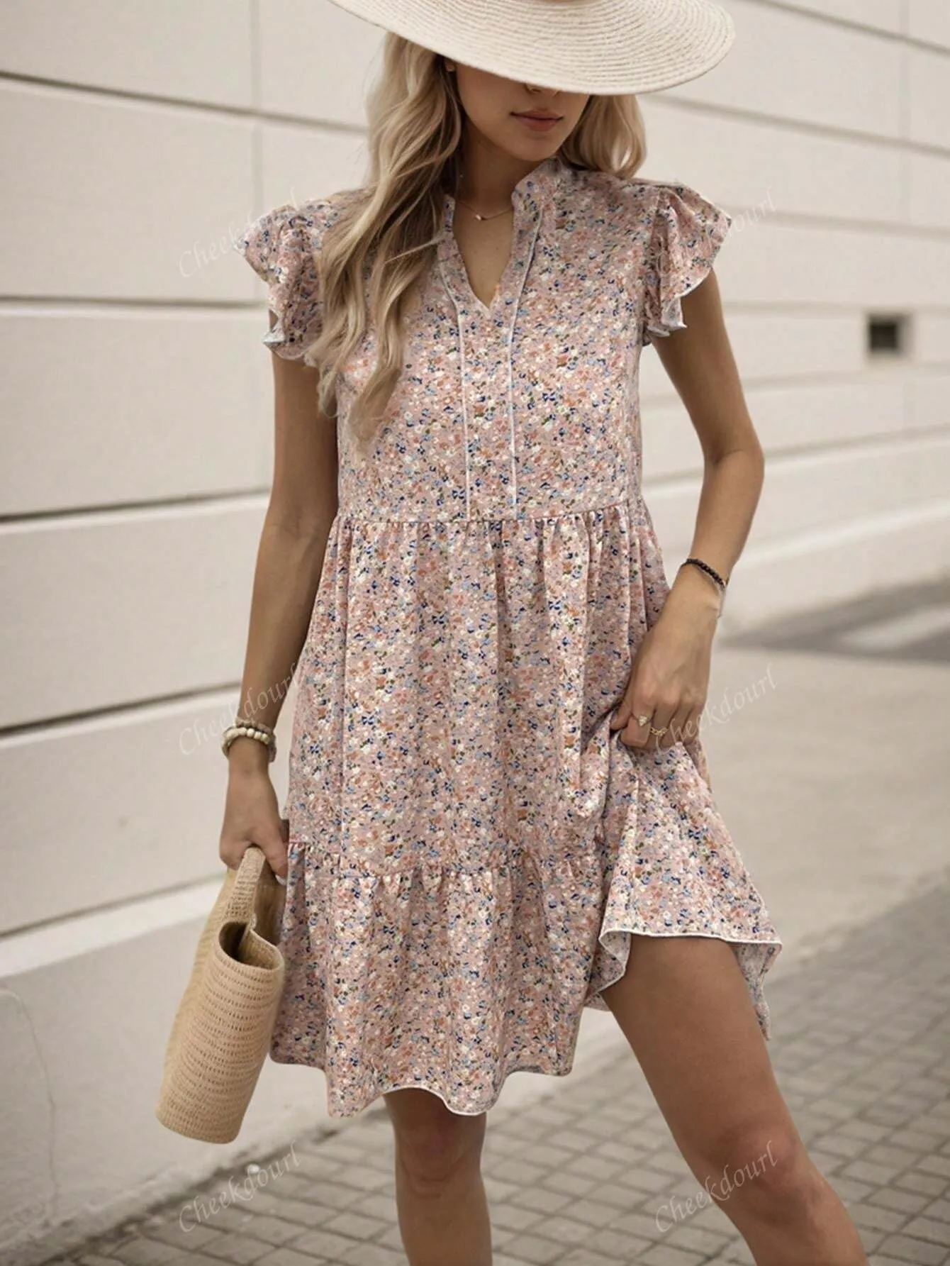 2024 Summer New V-Neck Elegant Floral Ruffled Short Dress