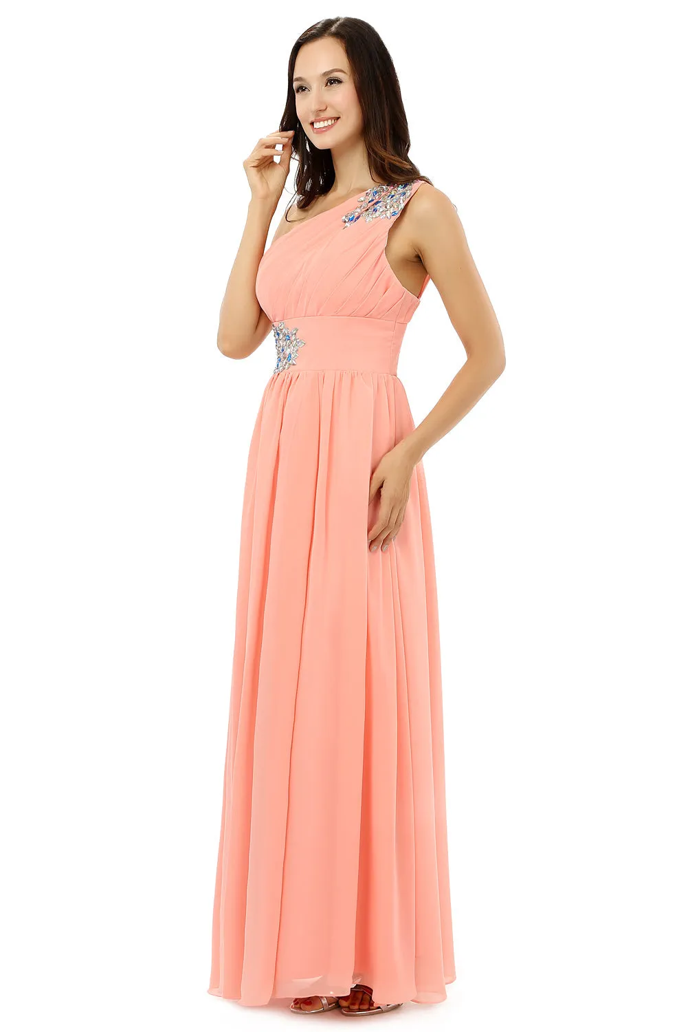 A-line One-shoulder Chiffon Beaded Crystals Coral Bridesmaid Dresses