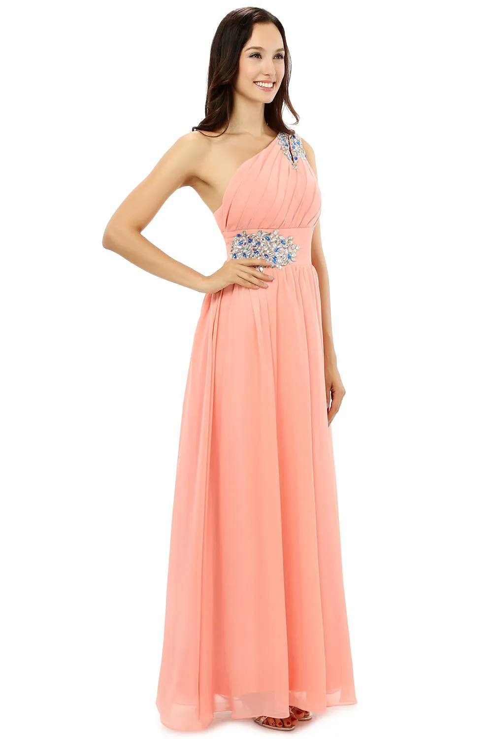 A-line One-shoulder Chiffon Beaded Crystals Coral Bridesmaid Dresses