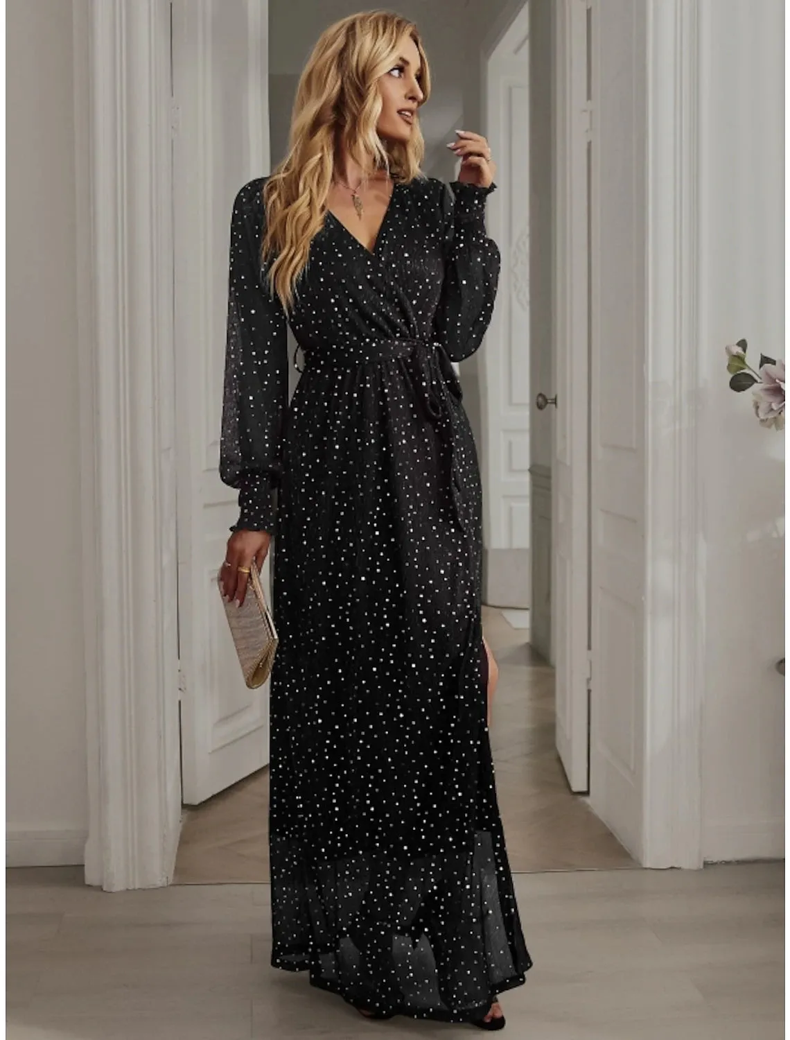 A-Line Party Dresses Sparkle & Shine Dress Birthday Fall Ankle Length Long Sleeve V Neck Chiffon with Glitter Sequin Slit