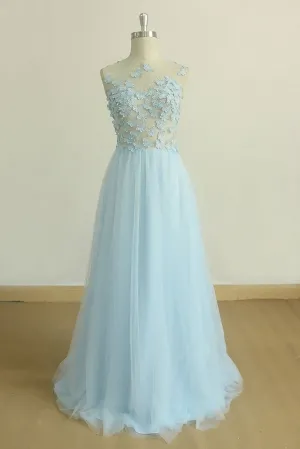 A Line Round Neck Baby Blue Lace Long Prom Dress, With Butterfly