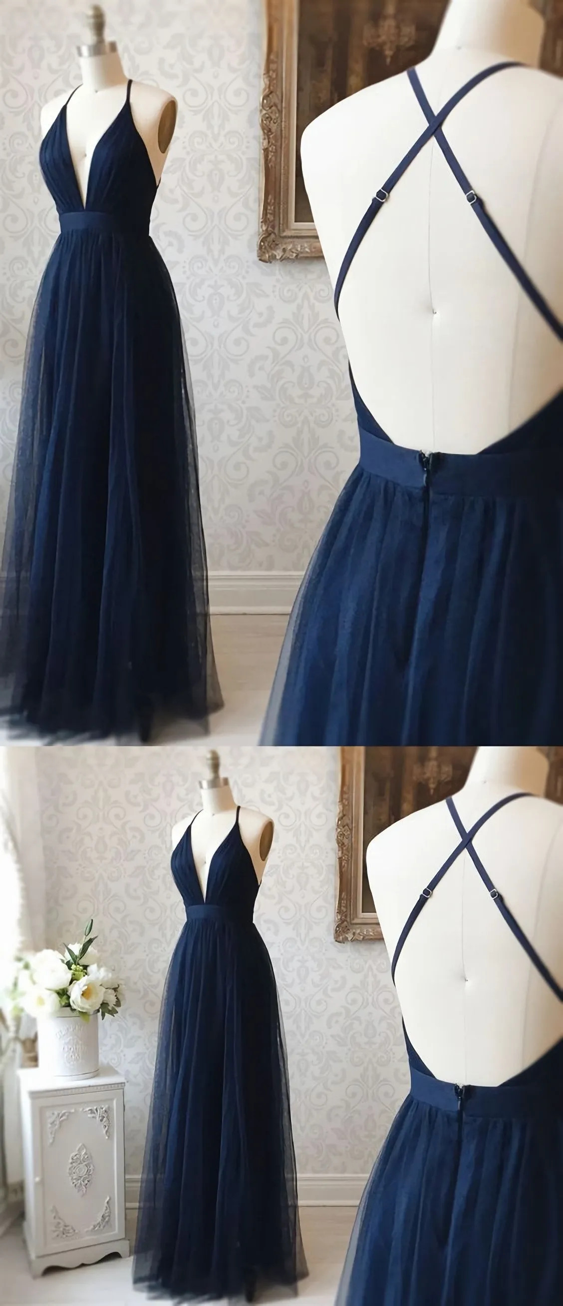 A Line V Neck Navy Blue Backless Prom Dresses Dark Navy Blue Backless Tulle Evening Formal Dresses