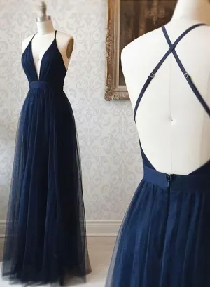 A Line V Neck Navy Blue Backless Prom Dresses Dark Navy Blue Backless Tulle Evening Formal Dresses