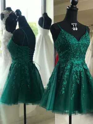 A Line V Neck Short Dark Green Lace Prom Dresses, Dark Green Lace Formal Homecoming Dresses