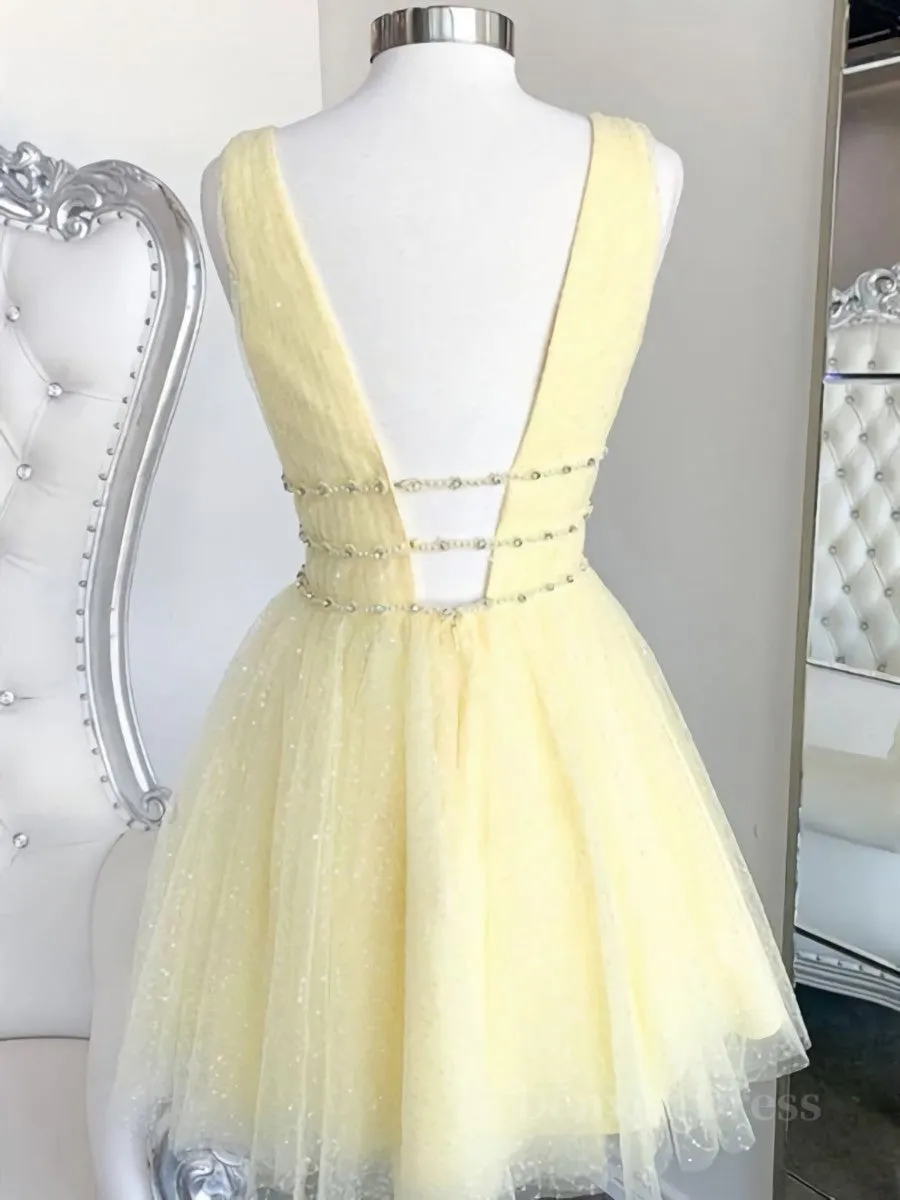 A Line V Neck Short Yellow Prom Dresses Short V Neck Yellow Formal Homecoming Dresses