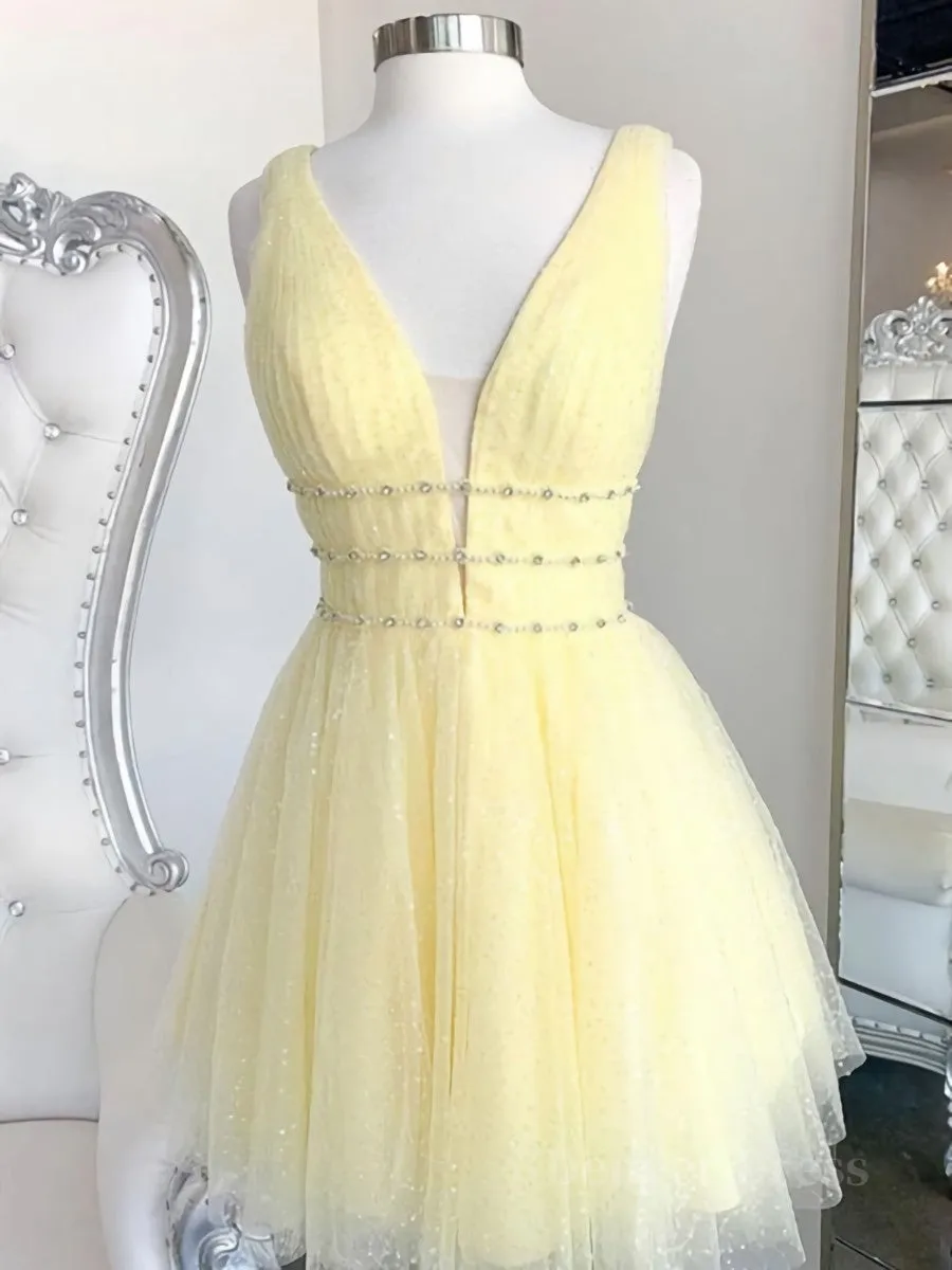 A Line V Neck Short Yellow Prom Dresses Short V Neck Yellow Formal Homecoming Dresses