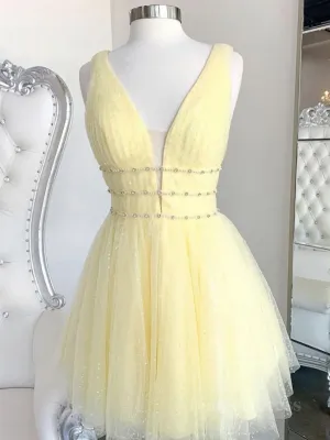 A Line V Neck Short Yellow Prom Dresses Short V Neck Yellow Formal Homecoming Dresses