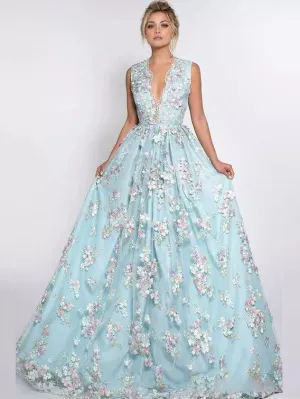 A-line V-neck Sweep Train Tulle Appliqued Prom Dresses With Flowers ASD26772