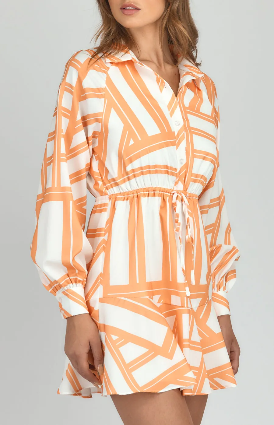 Abstract Printed Shirt Dress with Drawstring Waist