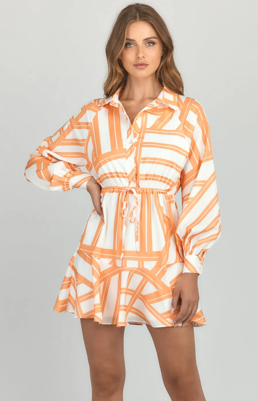 Abstract Printed Shirt Dress with Drawstring Waist