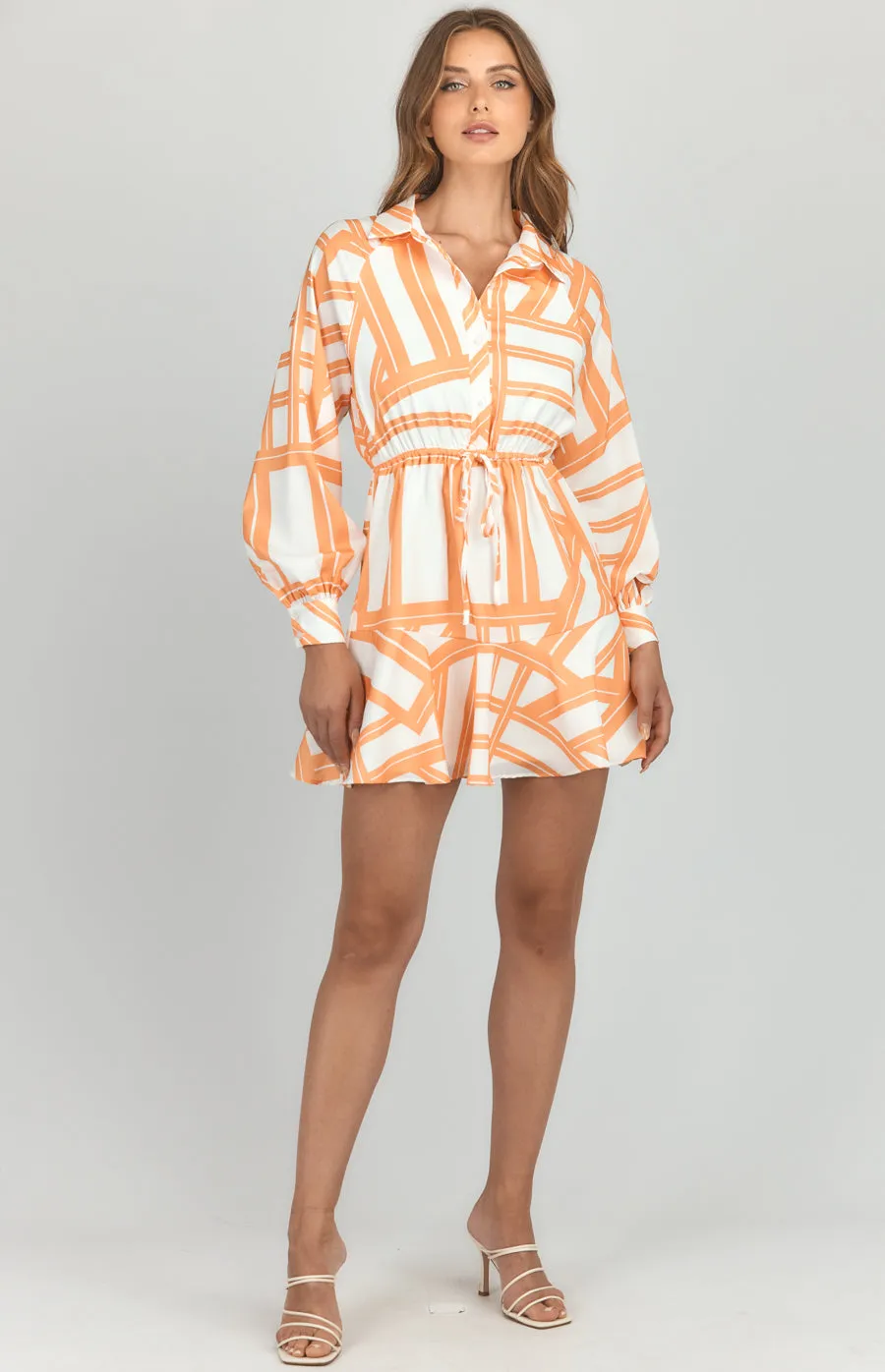 Abstract Printed Shirt Dress with Drawstring Waist