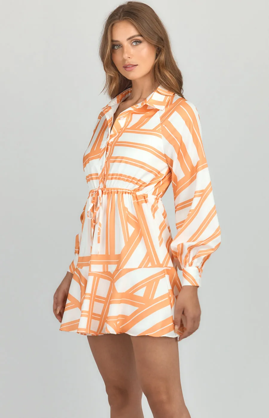 Abstract Printed Shirt Dress with Drawstring Waist