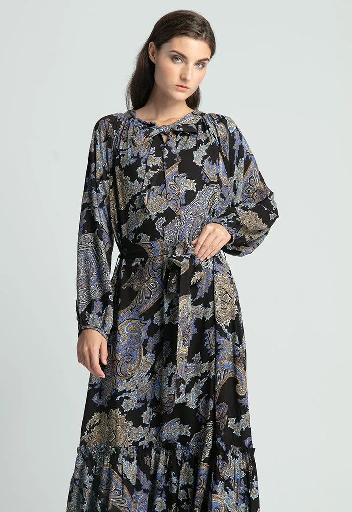 All Over Printed Neck Tie Long Dress