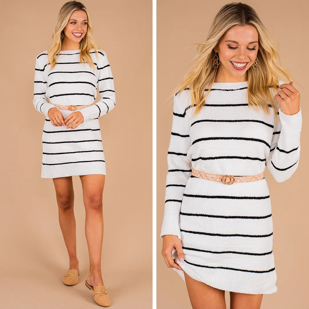 Answer The Call White Striped Sweater Dress