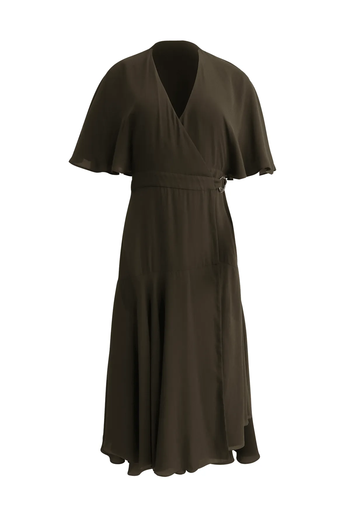 Army Green Wrap Dress With Ruffled Sleeves