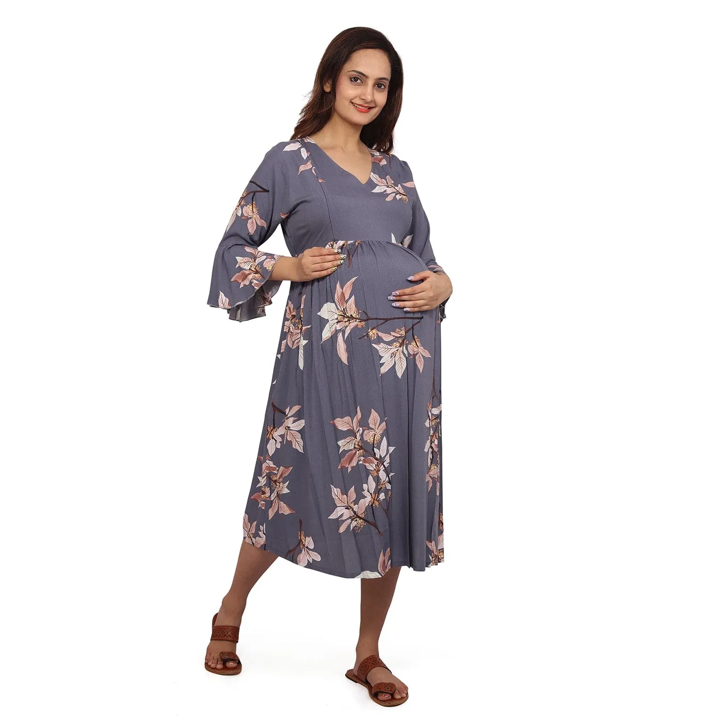 Baby Moo Half Bell Sleeves Comfortable Nursing And Maternity Dress Flower Print - Grey