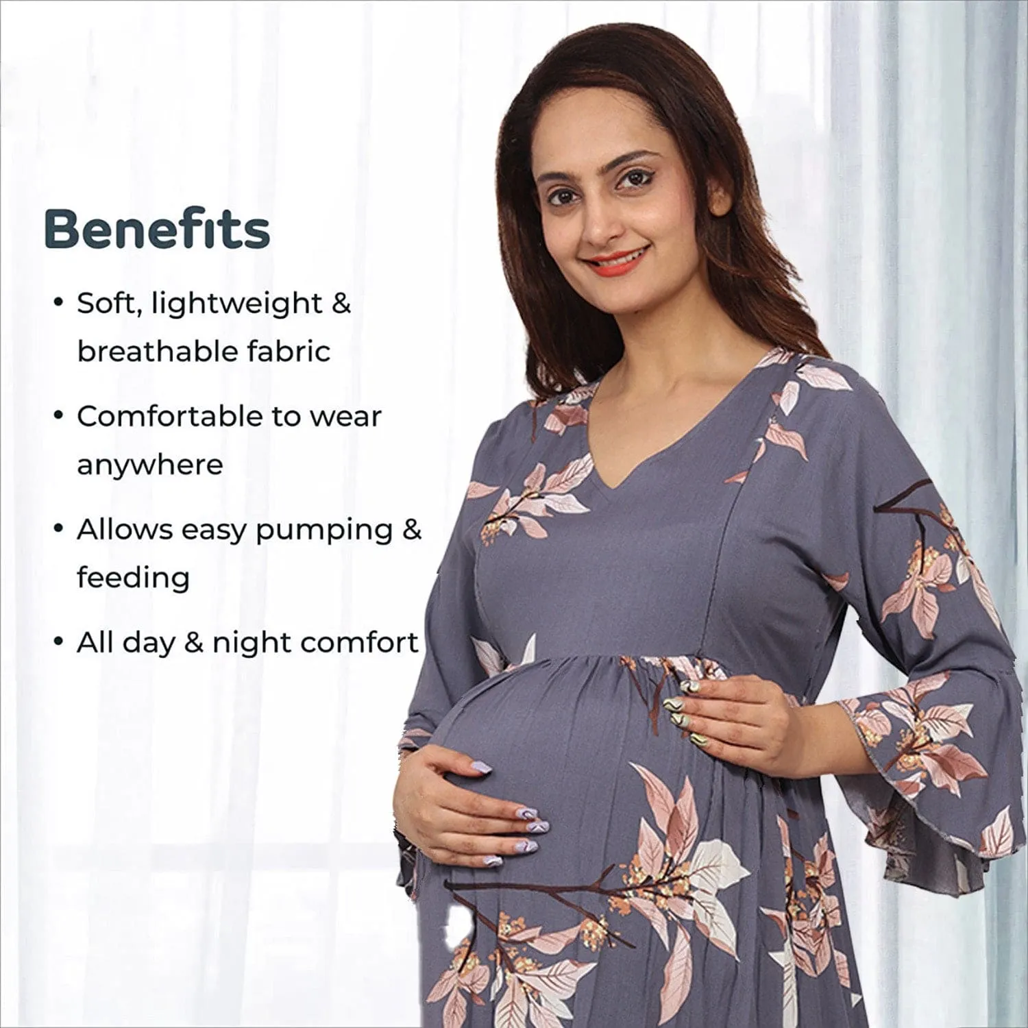 Baby Moo Half Bell Sleeves Comfortable Nursing And Maternity Dress Flower Print - Grey