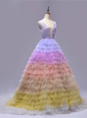 Backless Deep-V neck Tulle Multicolor Sleeveless Wedding Dresses