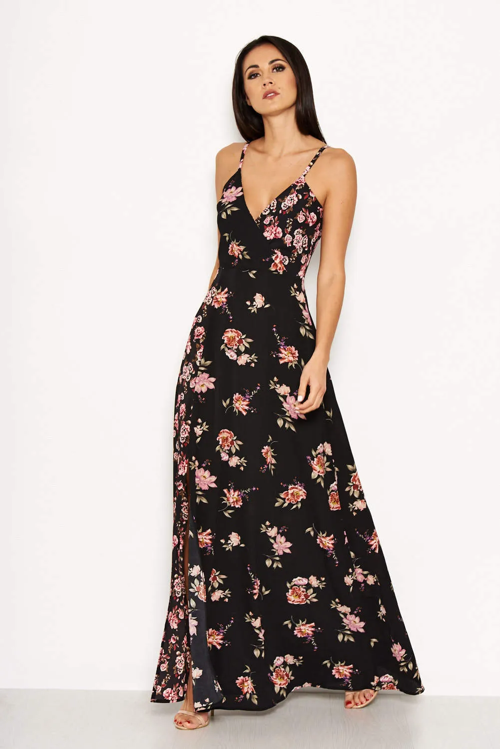 Black Floral V Neck Maxi Dress