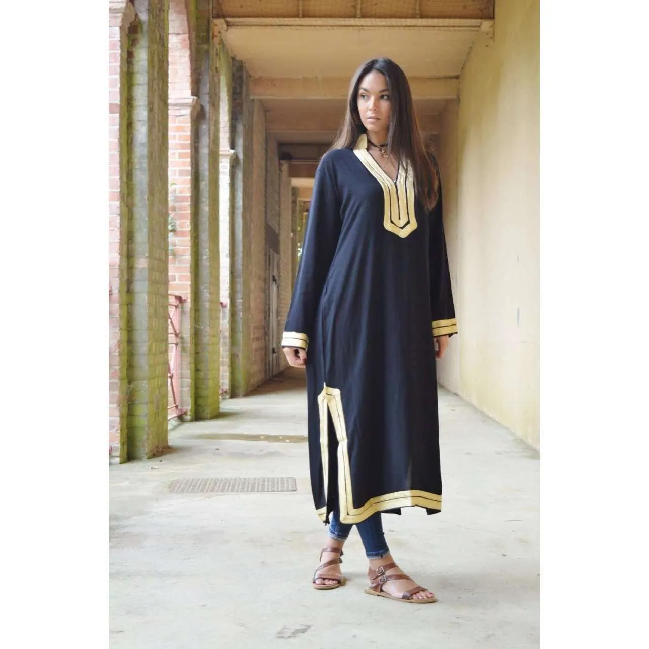 Black Kaftan Mariam Style - Moroccan Embroidered Cotton Kaftan