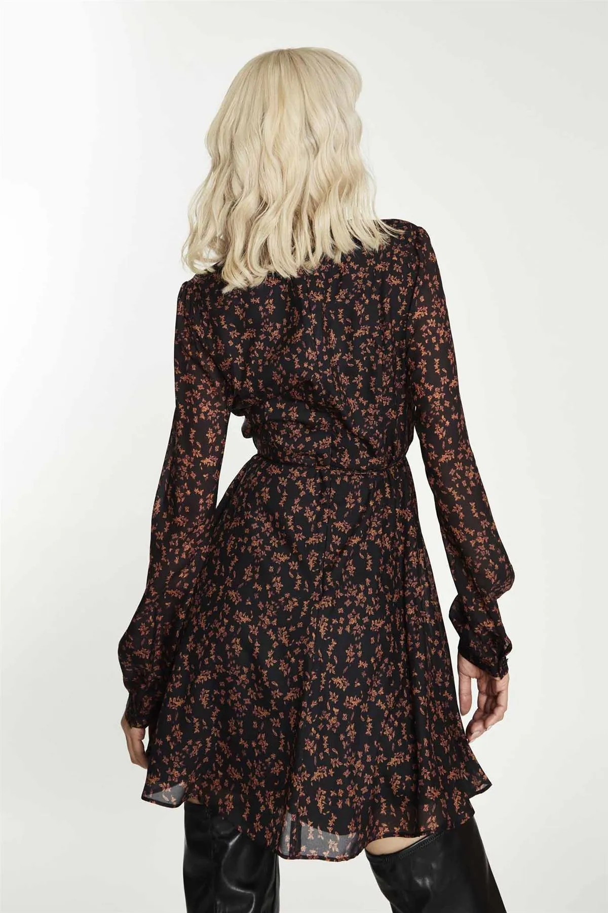 Black-Orange Floral V-Neck Mini-Dress