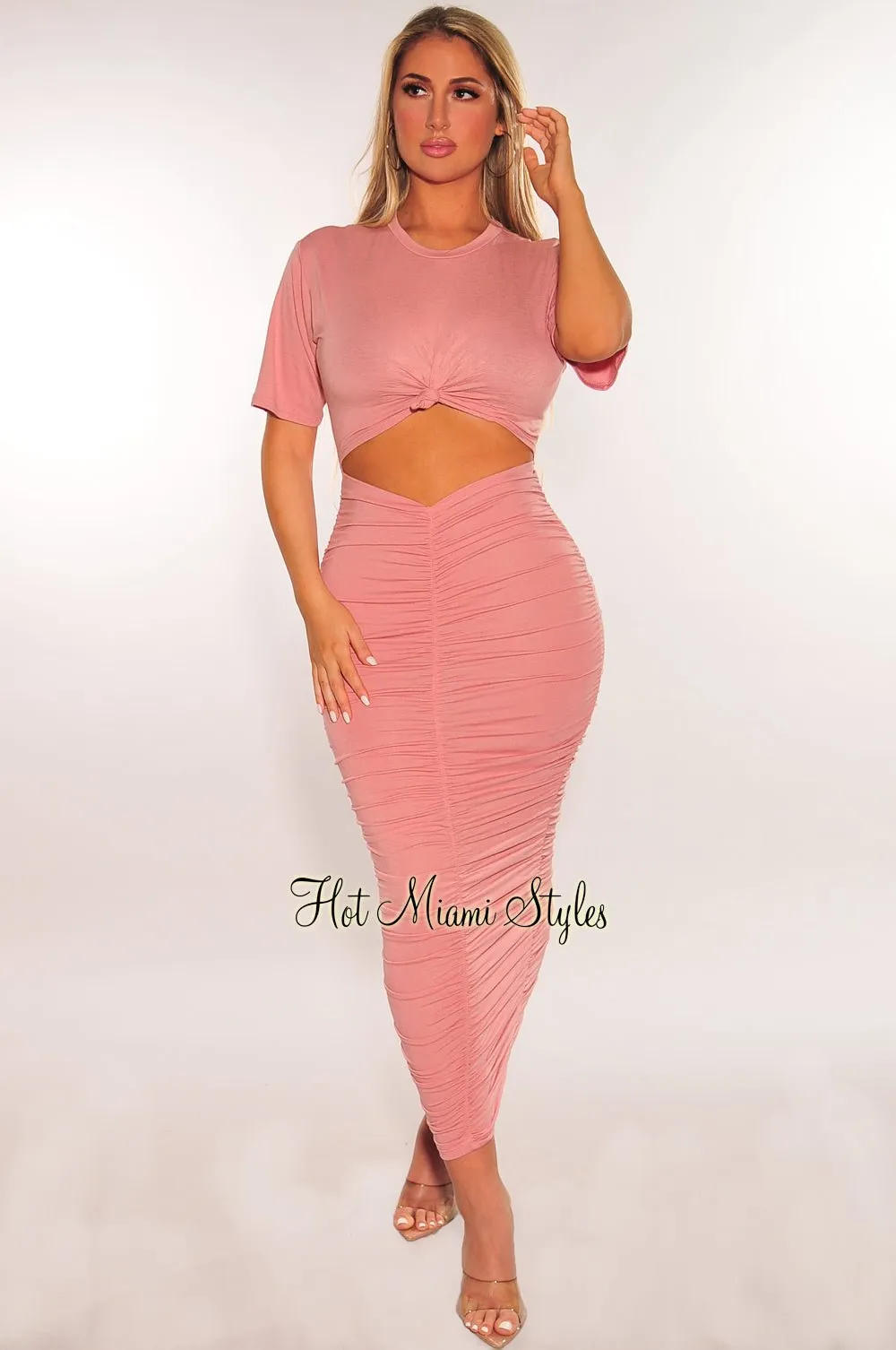 Blush Short Sleeve Cut Out Ruched Maxi Dress