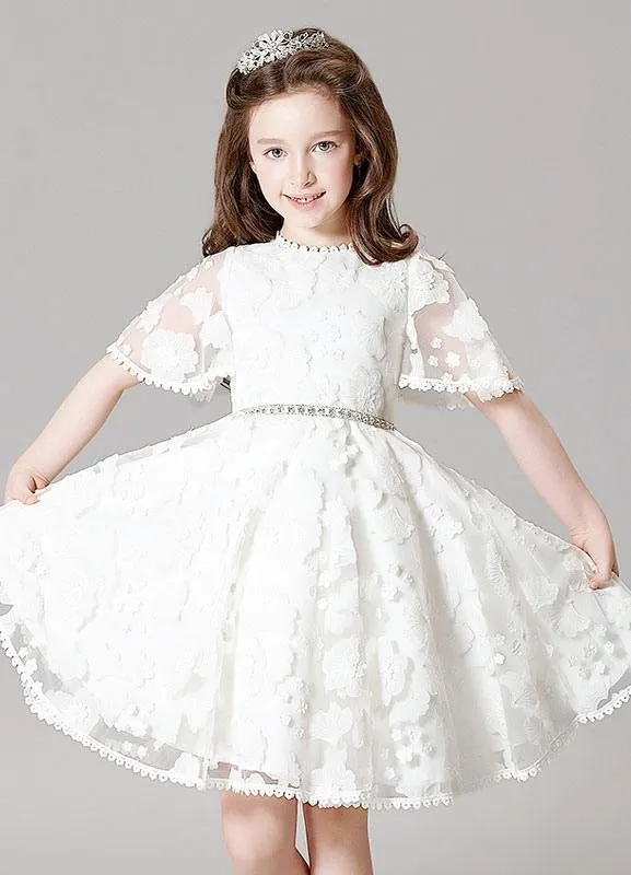 Boho Ivory Illusion Bell Sleeve Lace Flower Girl Dress A-Line Princess Pageant Dress