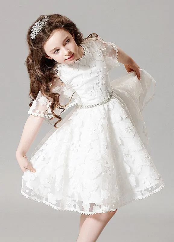 Boho Ivory Illusion Bell Sleeve Lace Flower Girl Dress A-Line Princess Pageant Dress