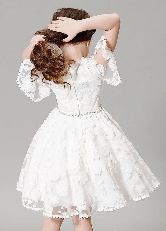 Boho Ivory Illusion Bell Sleeve Lace Flower Girl Dress A-Line Princess Pageant Dress