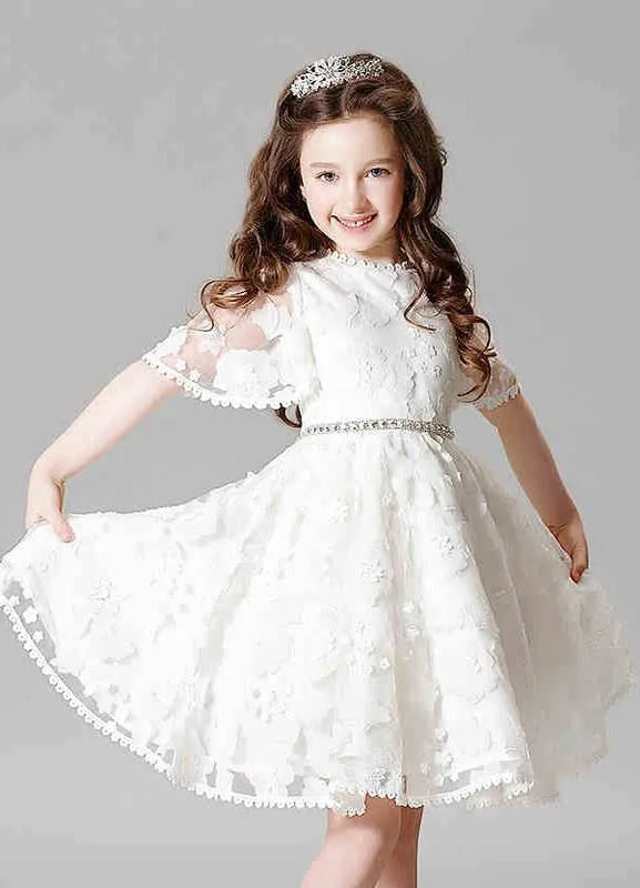 Boho Ivory Illusion Bell Sleeve Lace Flower Girl Dress A-Line Princess Pageant Dress