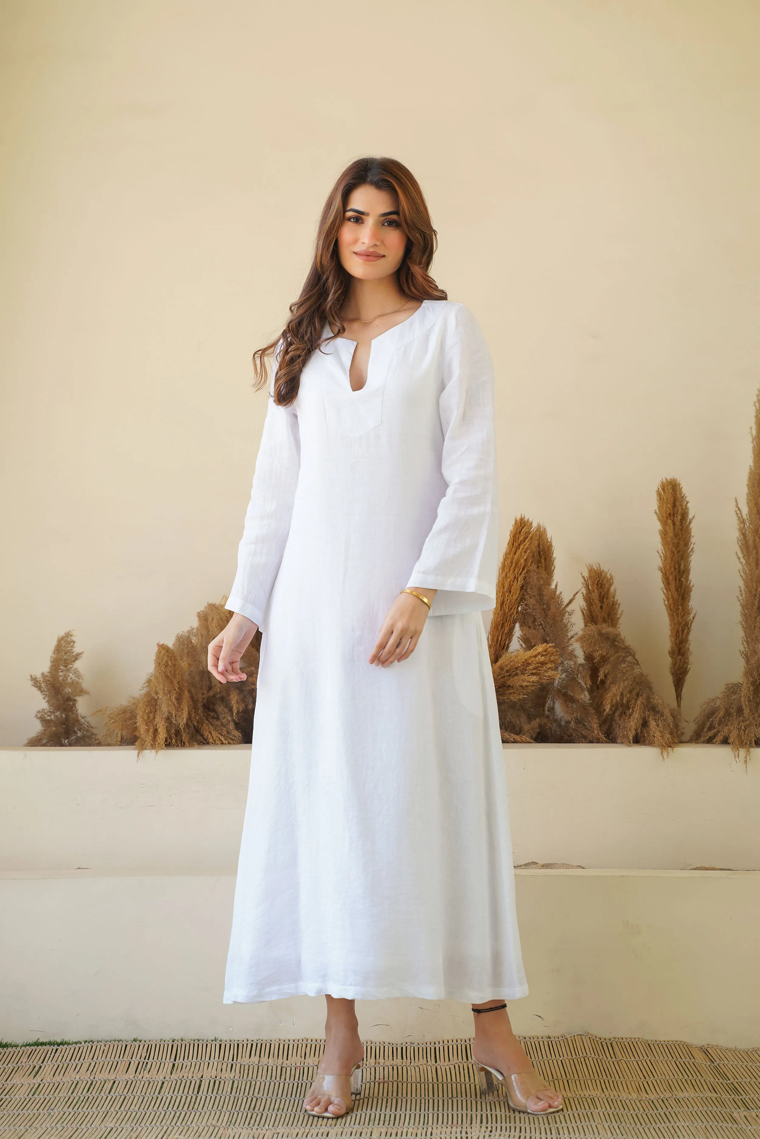 Breezy White Linen Kaftan Dress - Flowy Kaftan Maxi Dress with Long Sleeves & Pockets | Cotton Lining