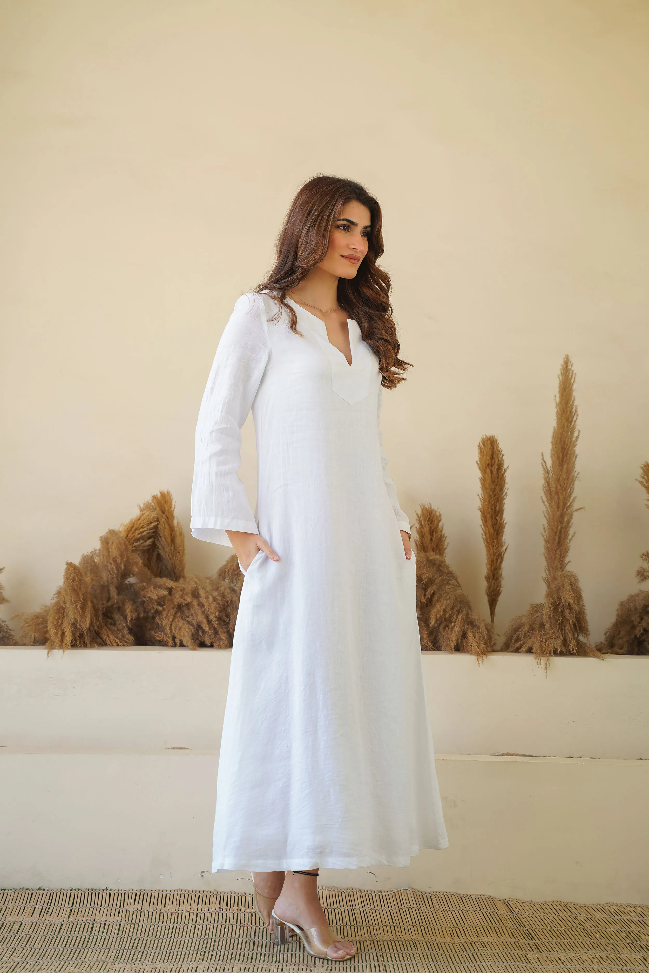 Breezy White Linen Kaftan Dress - Flowy Kaftan Maxi Dress with Long Sleeves & Pockets | Cotton Lining