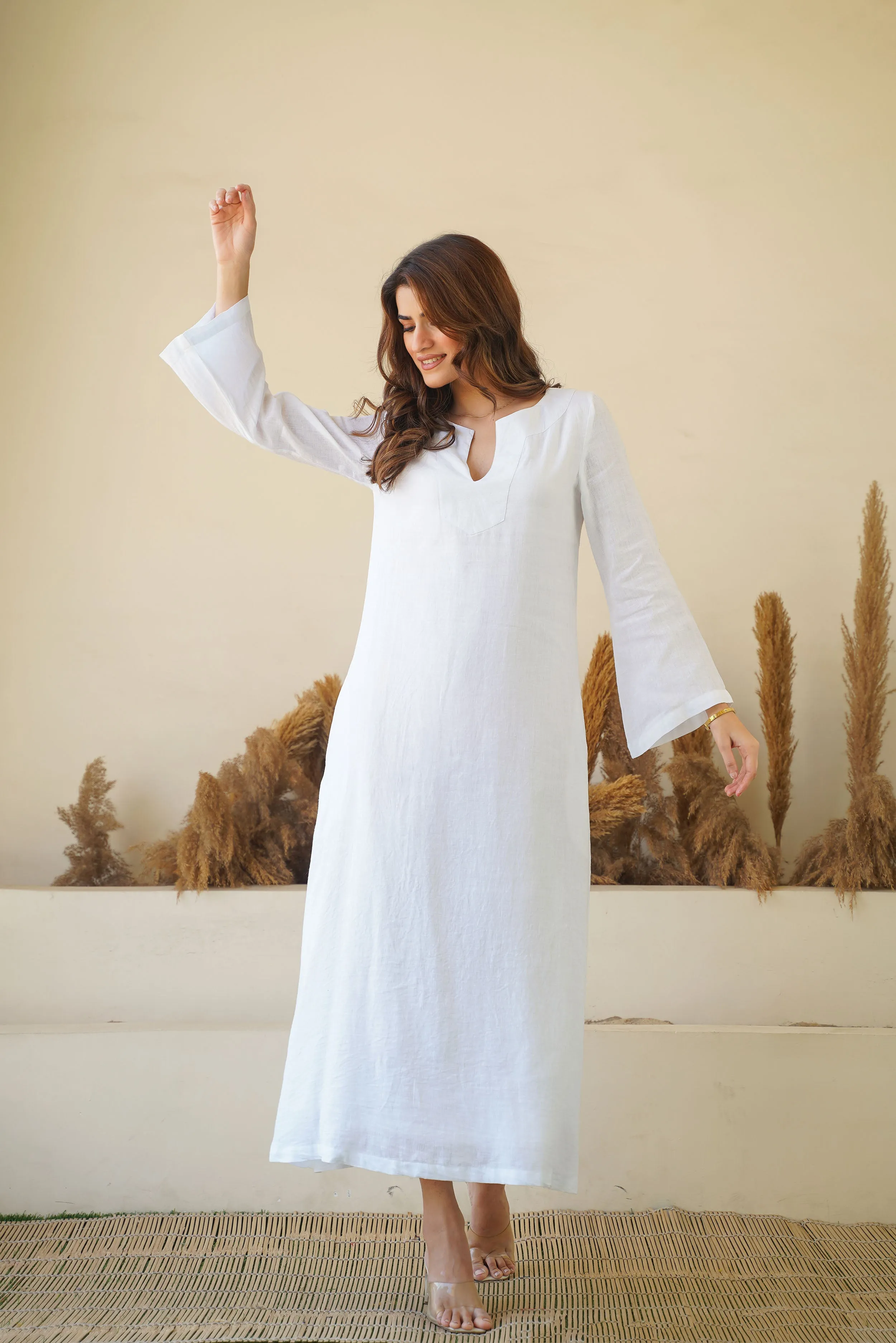 Breezy White Linen Kaftan Dress - Flowy Kaftan Maxi Dress with Long Sleeves & Pockets | Cotton Lining