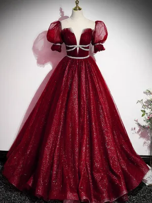 Burgundy Tulle Sequin Long Prom Dress Burgundy Formal Evening Dresses