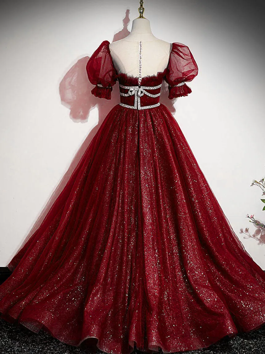 Burgundy Tulle Sequin Long Prom Dress Burgundy Formal Evening Dresses