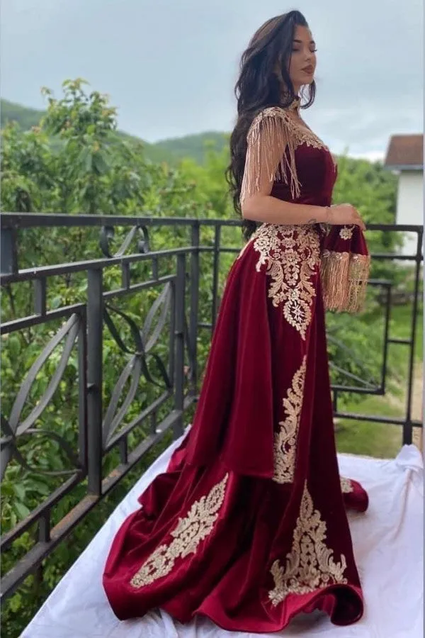 Burgundy Velvet Evening Gown Gold Appliques Floor Length Dress