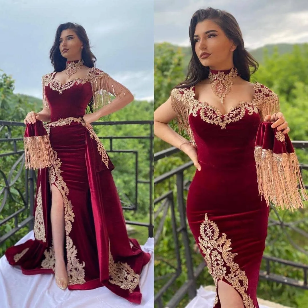 Burgundy Velvet Evening Gown Gold Appliques Floor Length Dress