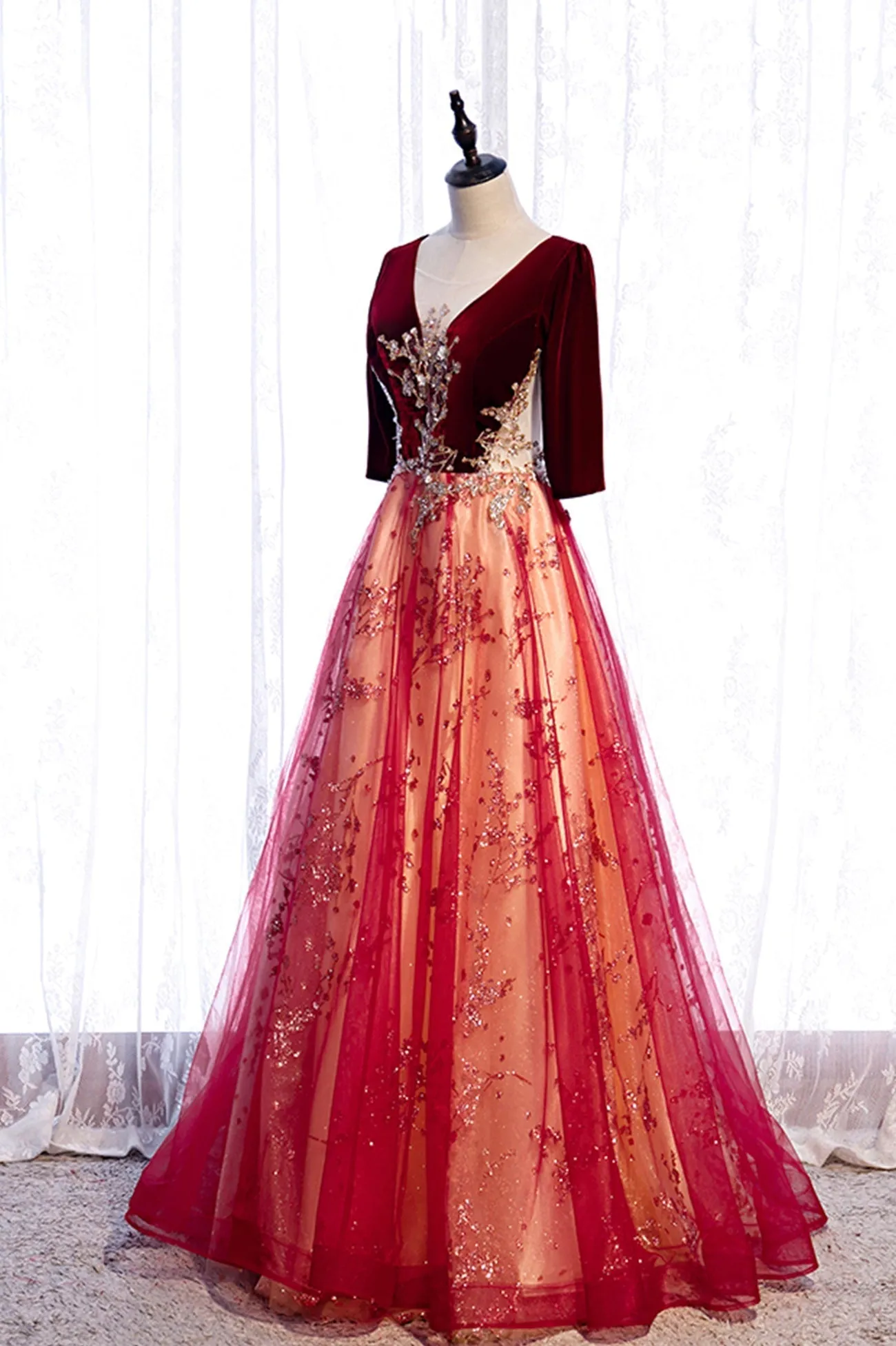 Burgundy Velvet Tulle Long Prom Dresses Burgundy 1/2 Sleeve Evening Dresses