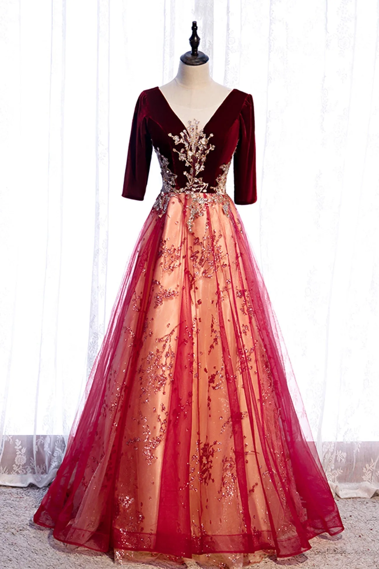 Burgundy Velvet Tulle Long Prom Dresses Burgundy 1/2 Sleeve Evening Dresses