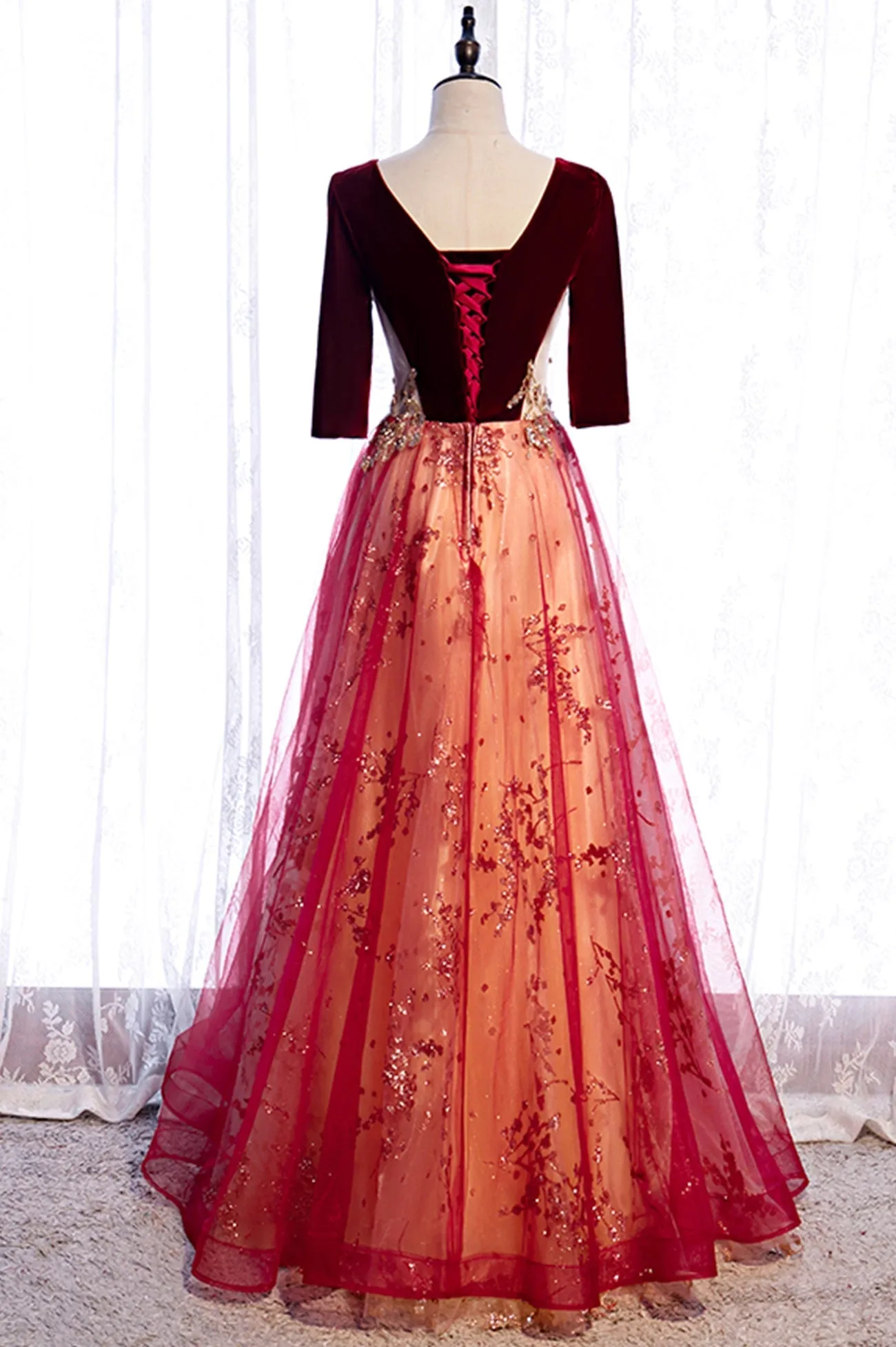 Burgundy Velvet Tulle Long Prom Dresses Burgundy 1/2 Sleeve Evening Dresses