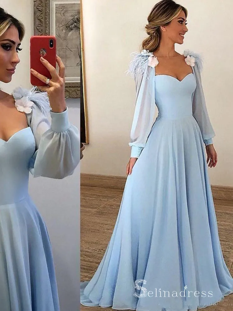 Chic A-line Light Sky Blue Chiffon Prom Dresses Long Sleeve Evening Dress MHL181