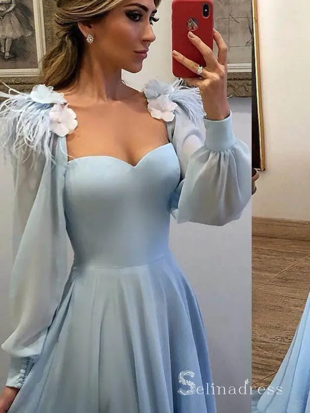 Chic A-line Light Sky Blue Chiffon Prom Dresses Long Sleeve Evening Dress MHL181