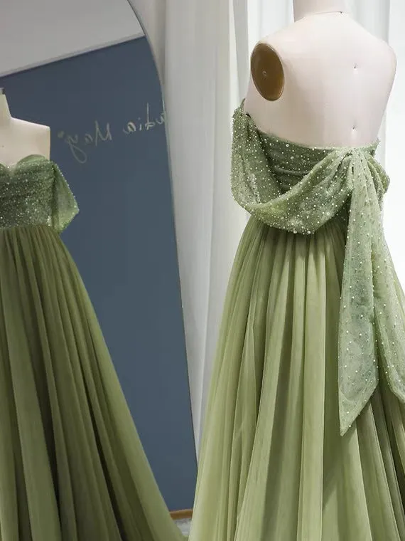 Chic A-line Off-the-shoulder Beaded Prom Dress Green Evening Gowns #OPS006