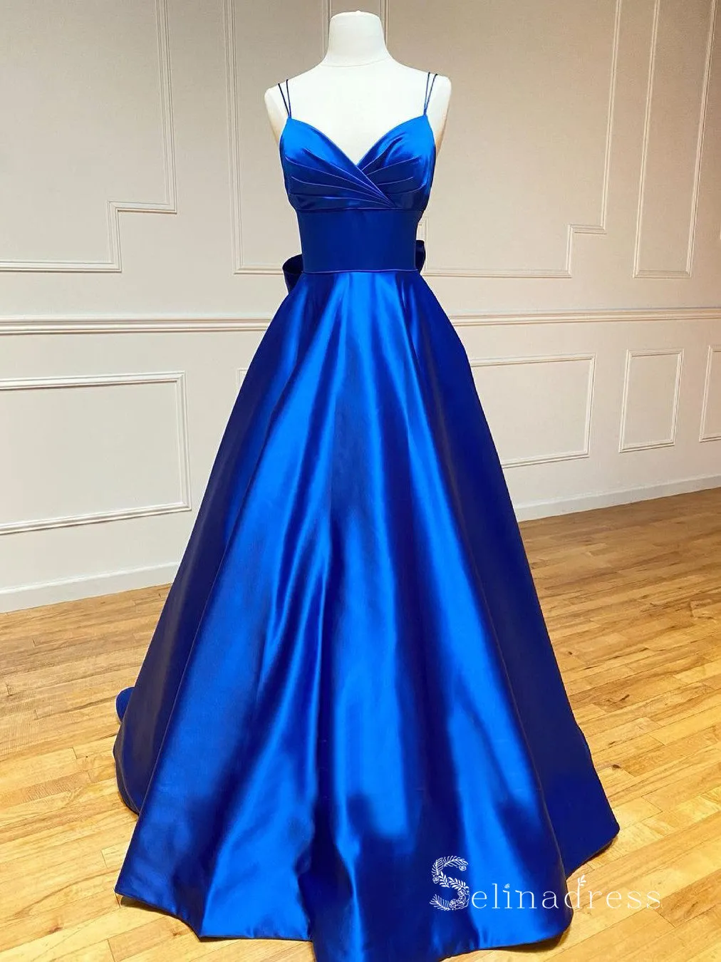 Chic A-line Spaghetti Straps Cheap Long Prom Dresses With Bow Evening Dress CBD373