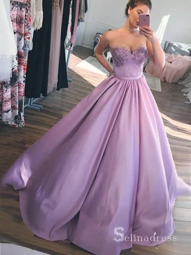 Chic A-line Sweetheart Lilac Long Prom Dresses Satin Ball Gown Evening Gowns MHL135