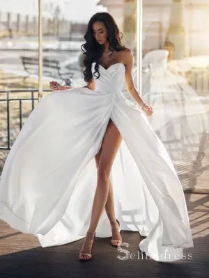 Chic A-line Sweetheart White Wedding Dresses Satin Bridal Gowns CBD413