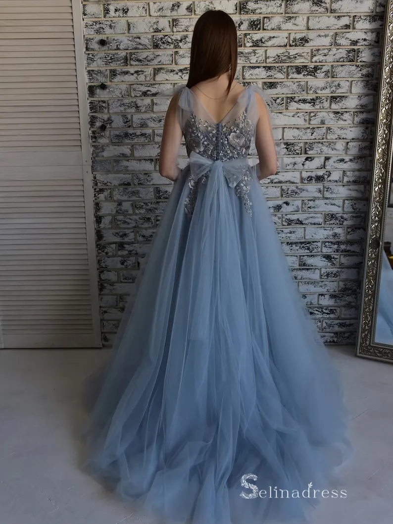 Chic A-line V neck Blue Long Prom Dress Embroidery Lace Long Evening Gowns MLH0469