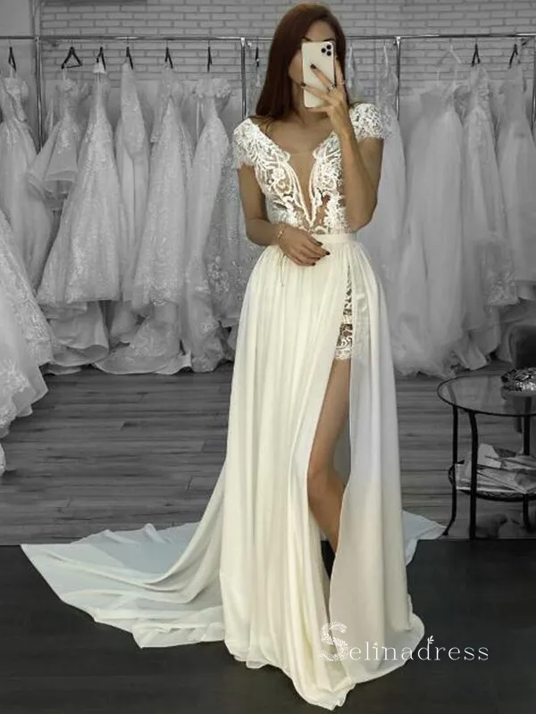 Chic A-line V neck Cap Sleeve Rustic Lace Wedding Dress See Through Bridal Gowns MLH0496