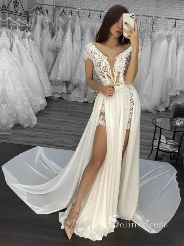 Chic A-line V neck Cap Sleeve Rustic Lace Wedding Dress See Through Bridal Gowns MLH0496